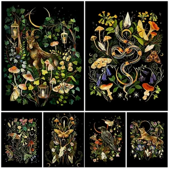 5D DIY Алмазная Черная Коза, садовые кристаллы и грибы-змеи, магические растения и животные Вуду, алмазная вышивка WE888