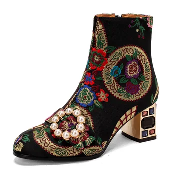 Великолепные этнические ботинки Челси с жемчужной пряжкой и вышивкой, увеличивающие высоту квадратного каблука, сексуальные женские ботинки 34 и 43