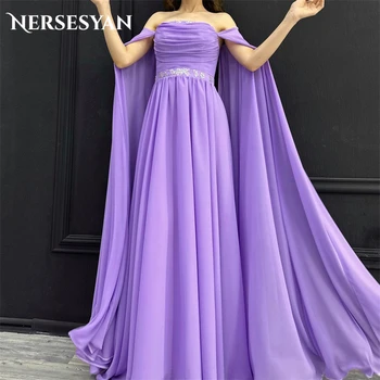 Вечерние платья из фиолетового шифона Nersesyan, длинная накидка с открытыми плечами, платье для особых случаев, вечернее платье без бретелек с драпировкой трапециевидной формы
