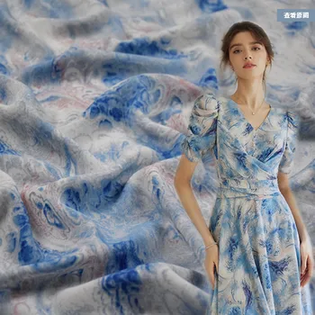 Высококачественная шифоновая ткань с принтом синих облаков в стиле ретро Для весенне-летнего платья Goan Han Cloth Soft T2043