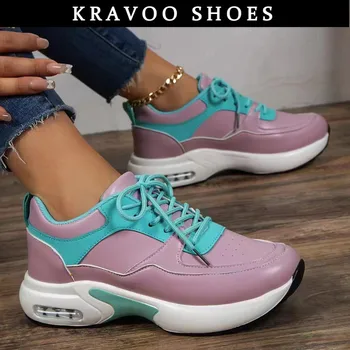 Женская обувь на танкетке KRAVOO, женская обувь на воздушной подушке, женские кроссовки на платформе, Дышащая женская спортивная обувь на шнуровке, Разноцветная спортивная обувь