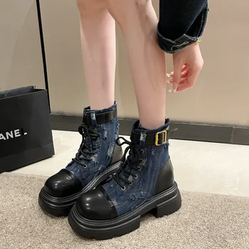 Женские ковбойские ботинки в стиле Вестерн 2023, новые винтажные короткие ботинки на шнуровке, модные темпераментные мотоциклетные ботинки Matsutake на толстой подошве.