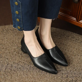 Женские туфли Большого размера Коричневого цвета В Британском стиле На Среднем каблуке С Круглым носком, Простые женские туфли С острым носком