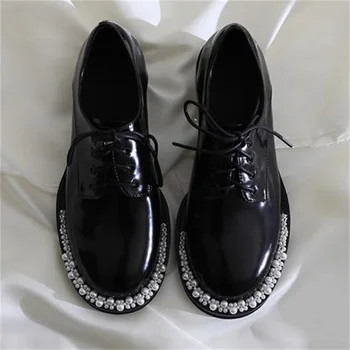 Женские туфли с бисером, с круглым носком, на среднем каблуке, из лакированного жемчуга, женские черные лоферы на шнуровке, женские черные лоферы со шнуровкой