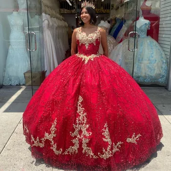 Красные блестящие бальные платья принцессы, пышные платья С аппликациями, кружева, пайетки, тюль, платье Sweet 16 Со шлейфом, Vestidos De 15 Añ