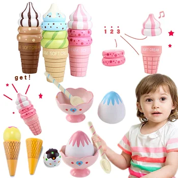 Набор деревянных игрушек для мороженого, нарезанная еда, магнитные сменные кусочки для мороженого, рожки для мороженого и пломбир, набор еды для ролевых игр