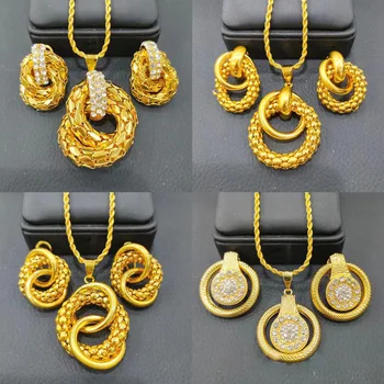 Наборы ювелирных изделий из 18-каратного золота для женщин, модные серьги-кольца, ожерелье, подвеска, повседневная одежда для вечеринок, ювелирные изделия из Дубая, Бесплатная доставка