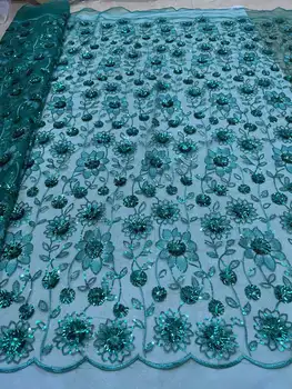 Нигерийская кружевная ткань с 3D пайетками 2023 года, высококачественная зеленая Африканская тюлевая ткань с вышивкой, Сетчатое кружево для шитья свадебного платья, 5 ярдов