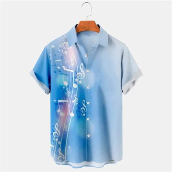 Новая музыкальная рубашка, летняя мужская рубашка с коротким рукавом и отворотом, модная гавайская рубашка, топы для уличных путешествий, мужская одежда Оверсайз Camisa