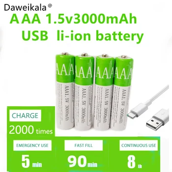 Новый 2023 USB AAA Аккумуляторные батареи 1,5 В 5500 мАч литий-ионный аккумулятор для дистанционного управления мышью Электрический игрушечный аккумулятор + Кабель Type-C