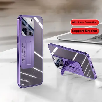 Роскошный прозрачный держатель Чехол для телефона iPhone 14 13 Pro Max с гальваническим покрытием Бампер Прозрачная жесткая задняя крышка с защитой объектива