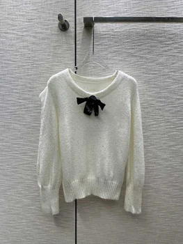 Свитер-пуловер с бантом, осенний идеальный кремово-белый, с нежной элегантностью9.9