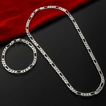 серебряный цвет, цепочка 4 мм для мужчин, женщин, Браслет, ожерелье, ювелирный набор, женские Рождественские подарки, подвески, свадебные штампованные 925 пробы
