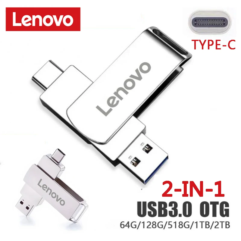 Lenovo 2 ТБ USB 3.0 Флэш-Накопитель OTG Type-C 2 В 1 Высокоскоростной 1 ТБ 512 ГБ Ручка Memory Stick Флешка Type-C Адаптер Металлический U-Диск В Подарок