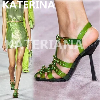 2023 Европейский и американский Модный показ мод с квадратным носком, со стразами, на поломанном каблуке, Прозрачные сандалии, Босоножки с ремешком на щиколотке, Размер 42