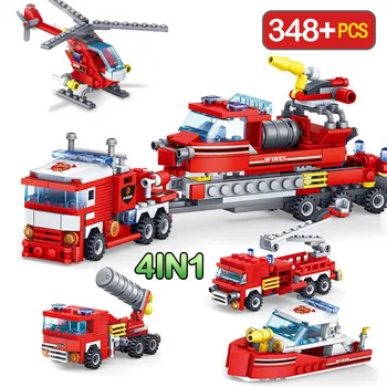 348ШТ 4в1 Городской пожарный автомобиль Вертолет Лодка Пожарный Строительные блоки Фигурки Развивающие игрушки для детей