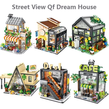 500шт + Креативный кофейный дом с видом на улицу, цветочный магазин, строительный блок, архитектурные кирпичи со светодиодной подсветкой, наборы игрушек