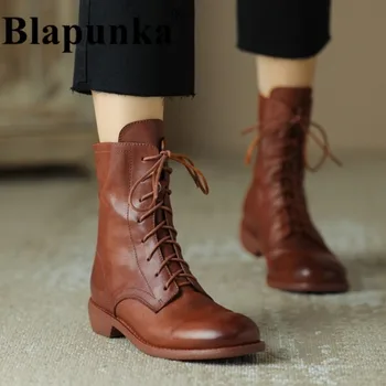 Blapunka/ Женские ботинки из натуральной кожи на среднем каблуке, молния сзади, высококачественные ботинки ручной работы, женская обувь с круглым носком и перекрестной шнуровкой 34-40 г.