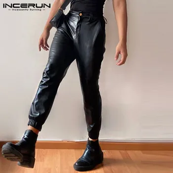 INCERUN Мужские брюки, однотонные джоггеры, уличная одежда из искусственной кожи на пуговицах, мужские брюки 2023, осенние карманы, модные повседневные брюки S-5XL