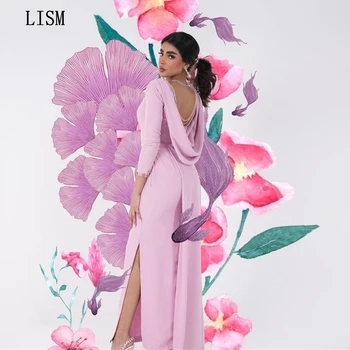 LISM Розовое вечернее платье с открытой спиной и длинными рукавами Пышные платья с разрезом по щиколотку Vestidos De Graduación