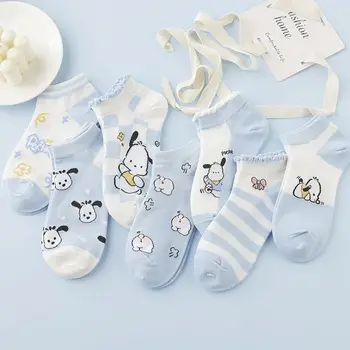 Sanrio Blue Pochacco Мультяшные Милые Носки Лодочные Носки Kawaii Летние Студенческие Милые Кружевные Короткие Носки Хлопок