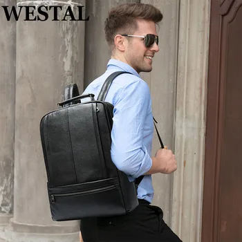 WESTAL Кожаный Дорожный рюкзак, Сумка для ноутбука, 15-дюймовый рюкзак для ноутбука, мужские сумки, Деловые Рабочие сумки