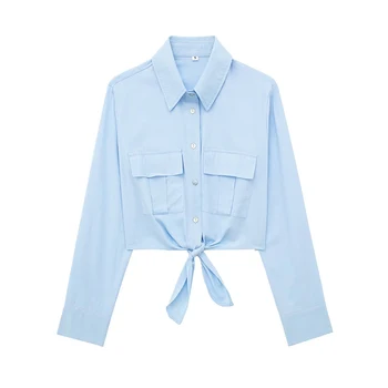 YENKYE 2023 Женская Светло-голубая рубашка с узлом спереди и накладными карманами, винтажная женская укороченная блузка с отворотом и воротником-стойкой с длинным рукавом
