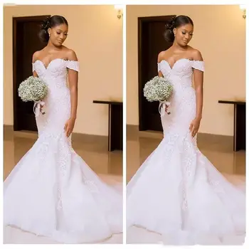 Африканские Черные Женские свадебные платья-русалки с кружевными аппликациями с открытыми плечами, Тонкие Красивые Женские свадебные платья Vestidos