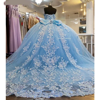 Бальное платье ANGELSBRIDEP для 15-летних девочек, пышные платья, Роскошное Небесно-голубое вечернее платье принцессы с аппликацией на плечах