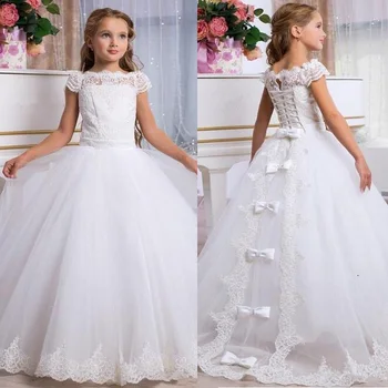 Белые тюлевые платья с цветочным узором для девочек на свадьбу, Маленькая невеста, принцесса, дети, детская вечеринка, Первое причастие, Элегантное бальное платье