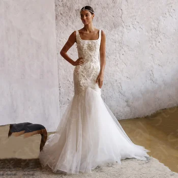 В продаже 2023 новых свадебных платьев Русалки, кружевных платьев невесты с бисером, свадебных платьев с квадратным вырезом, 3D цветов на спине