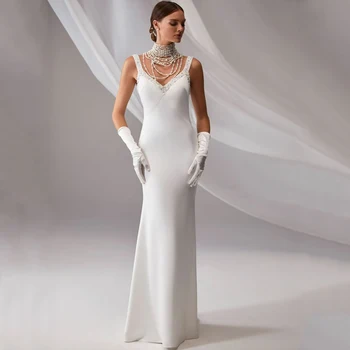 Винтажное свадебное платье-футляр без рукавов, сексуальная Открытая спина, расшитая бисером, длина до пола, свадебные бретельки-спагетти, Vestidos De Novia