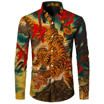 Винтажные рубашки с длинными рукавами и тигровым принтом, мужская рубашка с принтом дракона, Модный тренд, Персонализированные мужские топы, уличная одежда Four Seasons