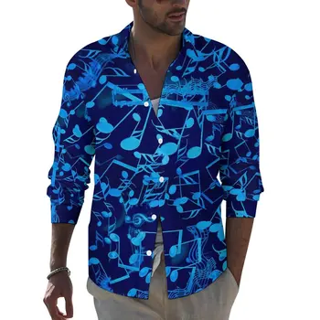 Голубая рубашка с музыкальными нотами, весенние повседневные рубашки с принтом в стиле ретро, мужские винтажные блузки с длинным рукавом, топы уличной одежды на заказ, большие размеры