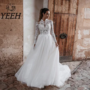 Да, Свадебное платье с высоким воротом, изысканные кружевные аппликации, свадебное платье с элегантным шлейфом и длинными рукавами, Vestido De Noiva для невесты