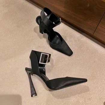 Женские тонкие туфли на высоком каблуке, Модные, Пикантные, Черные, с острым носком, с большим резиновым рукавом, Женские осенние французские тонкие туфли J-A27