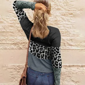 Женский модный Кружевной топ с контрастным леопардовым принтом и длинными рукавами, украшенный панелями, blusa mujer moda 2023, топы más tamaño