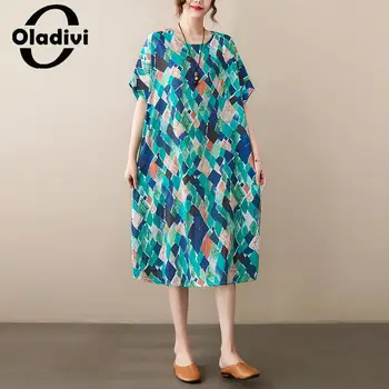 Женское платье Миди большого размера с модным принтом Oladivi 2023 Новые Летние Повседневные Свободные платья Винтажная Женская одежда большого размера 6XL 8191