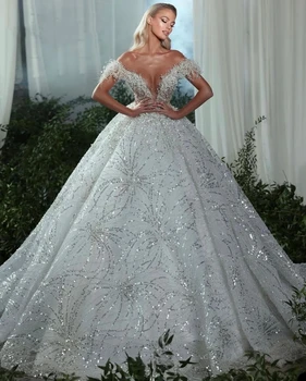 Изысканное свадебное платье, расшитое жемчугом, свадебные платья с открытыми плечами, блестки, V-образный вырез на заказ, Vestido De Novia