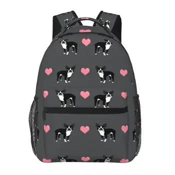 Классический базовый школьный рюкзак Boston Terrier Love Hearts, повседневный рюкзак, офисный рюкзак для мужчин и женщин