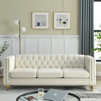 Классический бежевый бархатный диван, квадратный подлокотник с хохолком на пуговицах, диван, обитый пуговицами и металлическими ножками, для гостиной, спальни
