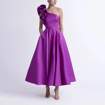 Коктейльные платья Фиолетового цвета, без рукавов длиной до щиколоток, с карманами А-силуэта, Атласные с оборками, Элегантные простые платья для вечеринок