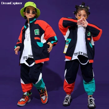 Контрастная куртка в стиле хип-хоп для мальчиков, свободные брюки для уличных танцев, пальто в стиле пэчворк для девочек, джоггеры для бега трусцой, Комплекты спортивной одежды для детей в стиле джаз, детская уличная одежда