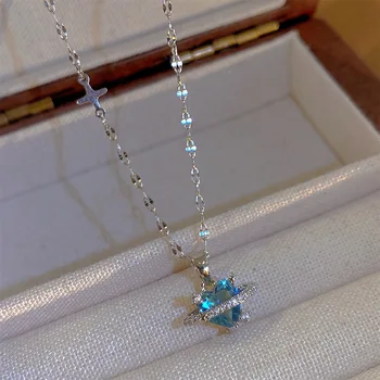 Корейская мода Винтажный Кулон с синим кристаллом Серебристого цвета, цепочка с космической звездой, ожерелье на шею для женщин, свадебные эстетические украшения