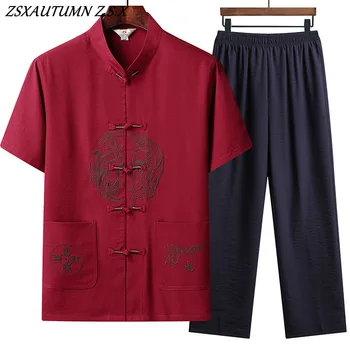 Летний костюм в китайском стиле Тан, мужские брюки с короткими рукавами, Повседневный дышащий мужской костюм с короткими рукавами, комплект из двух предметов с вышивкой Hanfu