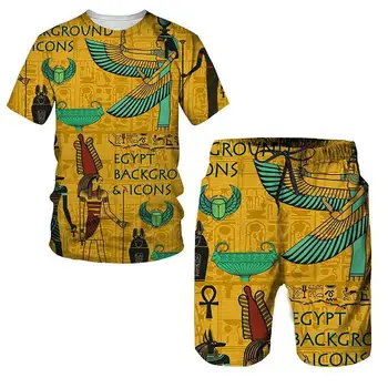 Летний мужской комплект, повседневная футболка с коротким рукавом, винтажный 3D топ в египетском стиле, шорты Оверсайз, Дышащий уличный спортивный костюм