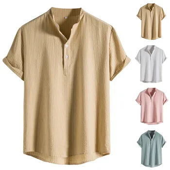 Летняя мужская рубашка 2023 года, Гавайские рубашки с коротким рукавом, блузка из искусственного льна, Однотонная Повседневная свободная пляжная рубашка с одной грудью