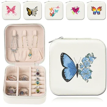 Модная коробка для упаковки ювелирных изделий, футляр-органайзер, Женские дорожные кожаные шкатулки для ювелирных изделий с принтом бабочки, маленькая изящная сумка для хранения