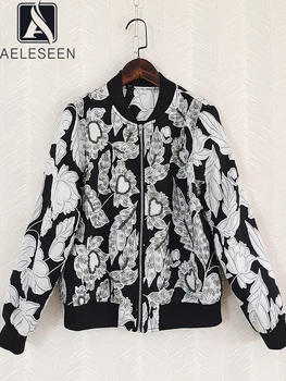 Модное осенне-зимнее пальто AELESEEN для подиума, Женское пальто с рукавом-фонариком, Роскошное Пальто с бисером и бриллиантами, Черная Жаккардовая Повседневная куртка