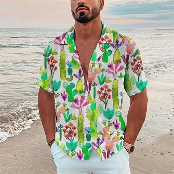 Мужская блузка с изображением кактуса, воротник футболки с принтом на пуговицах и лацканах, повседневный топ для пляжных каникул на Гавайях, короткий рукав